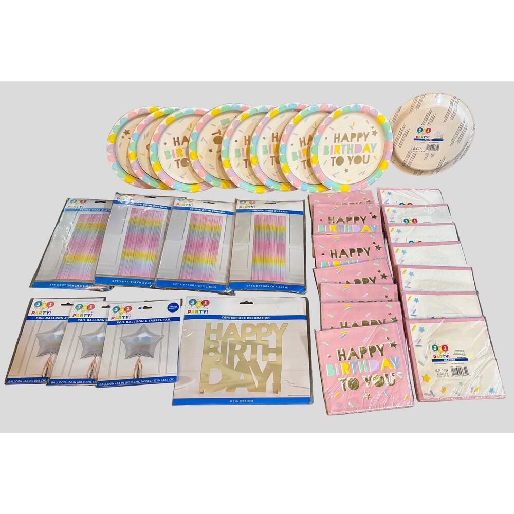 31Pc Pastel Birthday Party Supplies Bundle Plates Napkins Decor Curtains Set